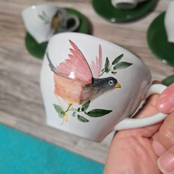 Vintage HTF Maja Mexico Pottery Cup & Saucers Hand Painted Birds - Green Trim - Picture 5 of 17